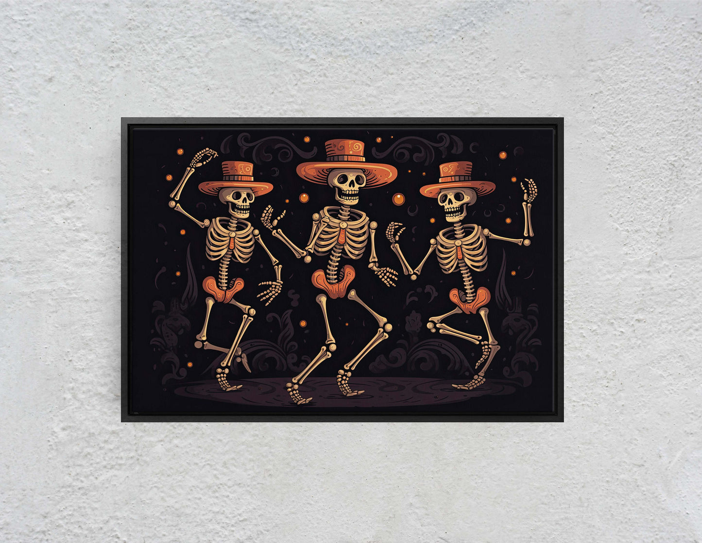 Dancing Skeletons On Canvas, Spooky Decor, Halloween Art, Day of the Dead, Cute Gothic, Macabre Art, Framed Canvas