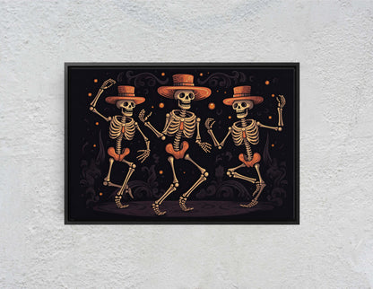 Dancing Skeletons On Canvas, Spooky Decor, Halloween Art, Day of the Dead, Cute Gothic, Macabre Art, Framed Canvas