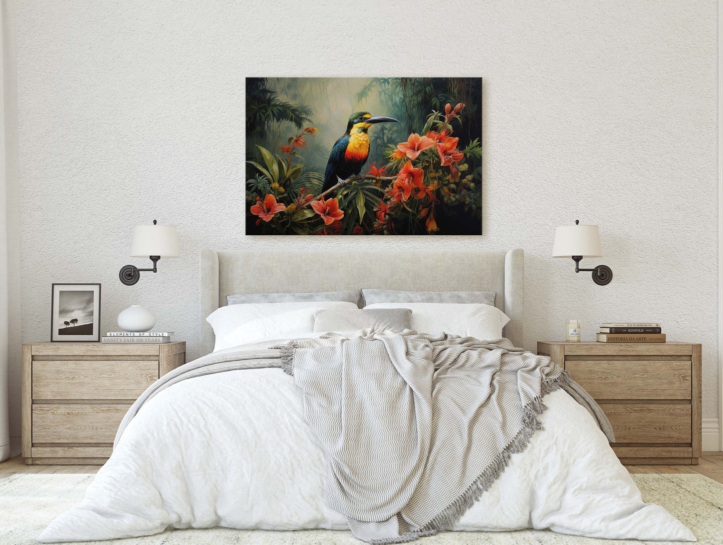 Jungle Bird Painting, Jungle Art, Green Jungle, Framed Canvas, Large Print, Beautiful Bird, Flower Jungle, Tropical Forest, Rainforest Art