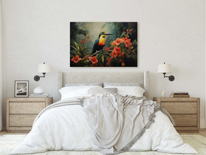 Jungle Bird Painting, Jungle Art, Green Jungle, Framed Canvas, Large Print, Beautiful Bird, Flower Jungle, Tropical Forest, Rainforest Art