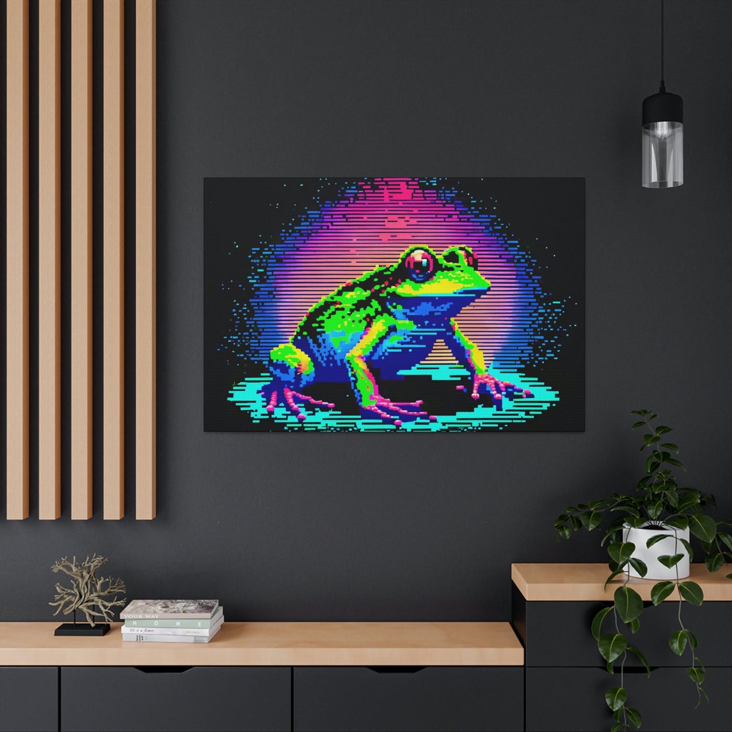 Frog Pixel Canvas Art Ready To Hang Large Print, Vaporwave, synthwave, Gamer, Man Cave