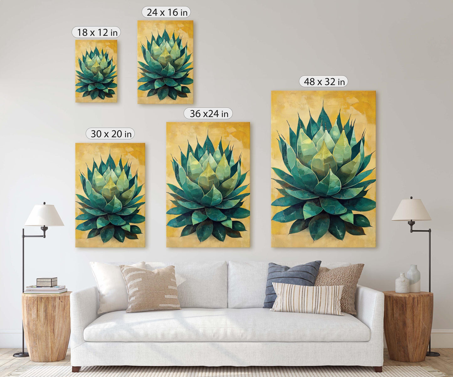 Agave Painting, Yellow Green Cactus, Desert Art, Mexico Art