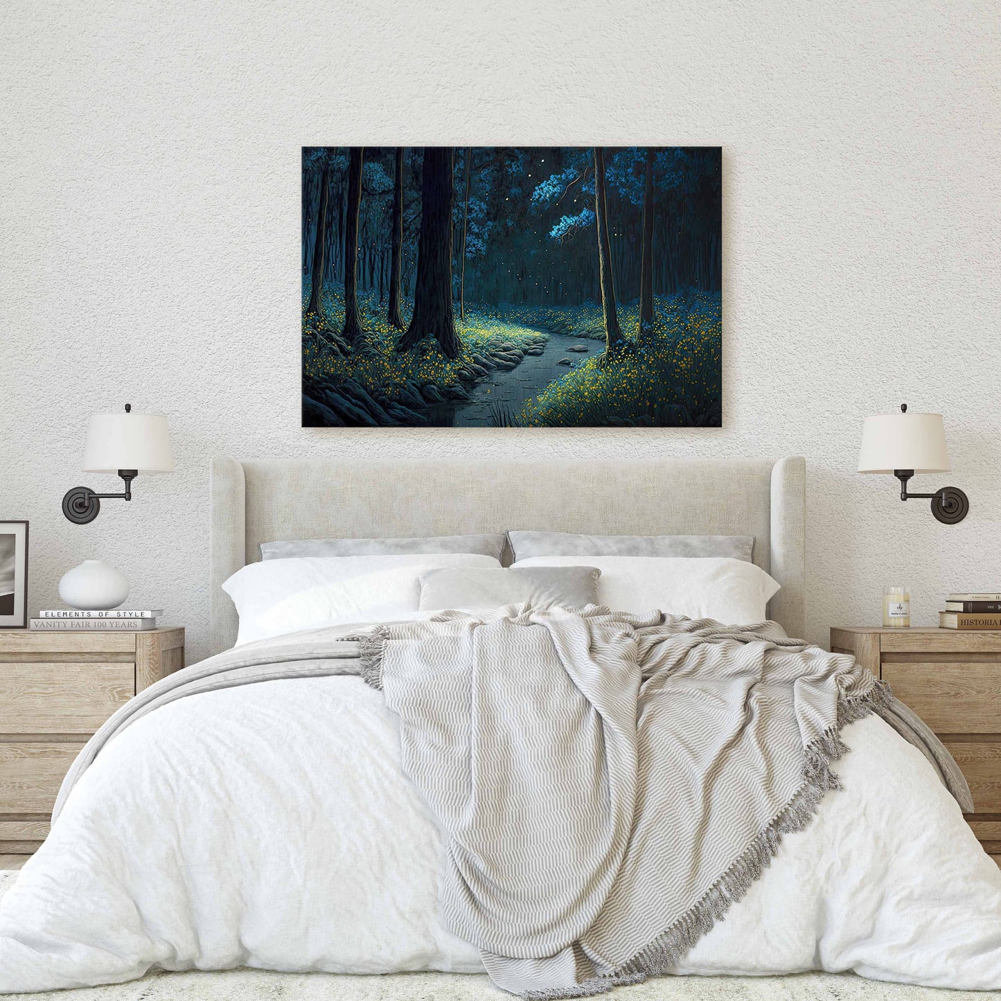 Mystical Forest at Night Fireflies Canvas Art Ready To Hang Large Print, Painting