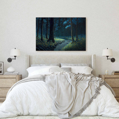Mystical Forest at Night Fireflies Canvas Art Ready To Hang Large Print, Painting