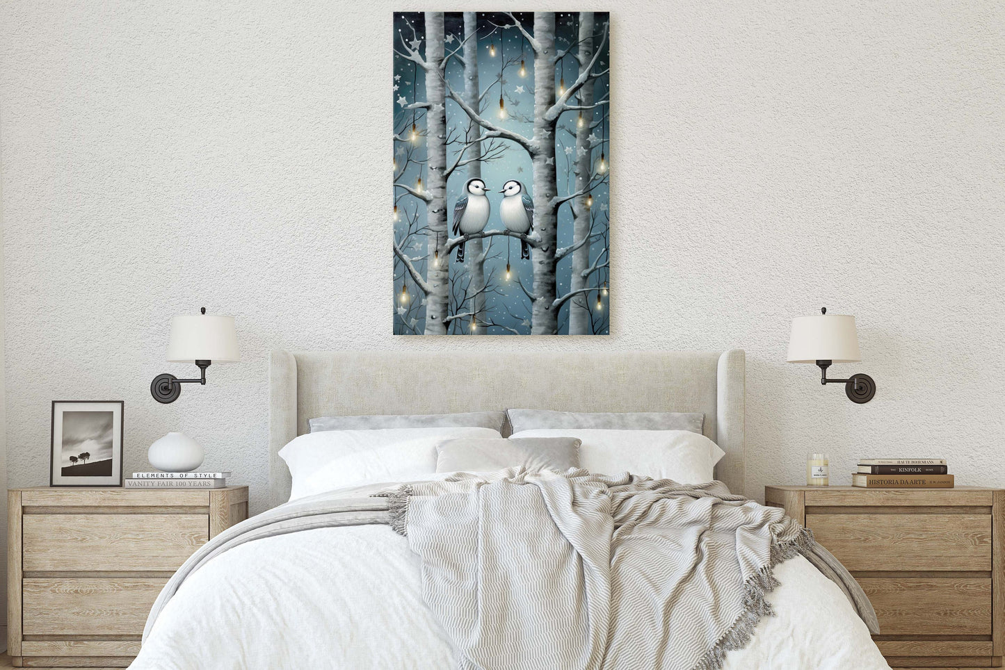 Snow Birds Painting, Winter Bird Tree, Festive Decor, Winter Season, Blue Birds, Tree Lights, Framed Canvas