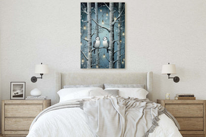 Snow Birds Painting, Winter Bird Tree, Festive Decor, Winter Season, Blue Birds, Tree Lights, Framed Canvas