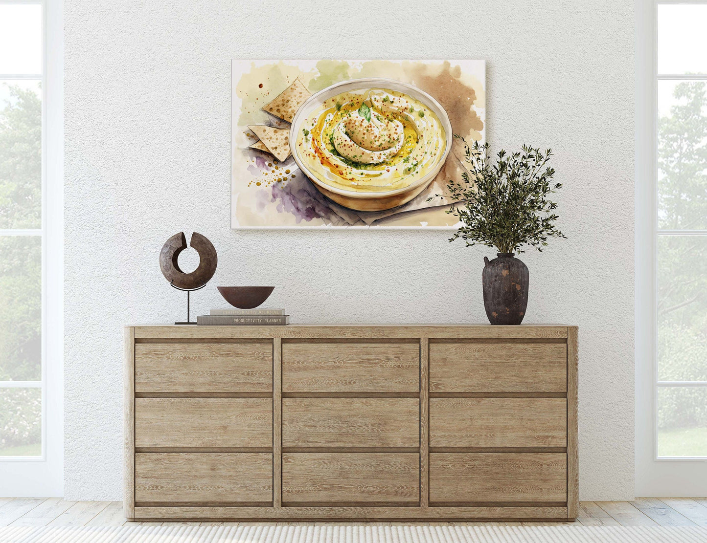 Hummus and Pita, chickpea, Ready To Hang, Large Print, Watercolor Painting, Dining Room, Kitchen Art, Restaurant Art, Mediterranean Food