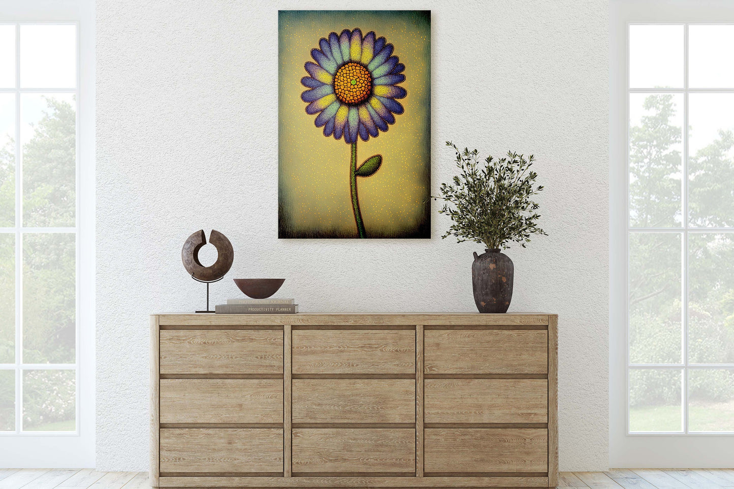 Sunflower, Abstract, Pointillism, Flower Decor, Large Print, Ready To hang, Farmhouse, Farm, Vertical Print, Modern Art, Contemporary