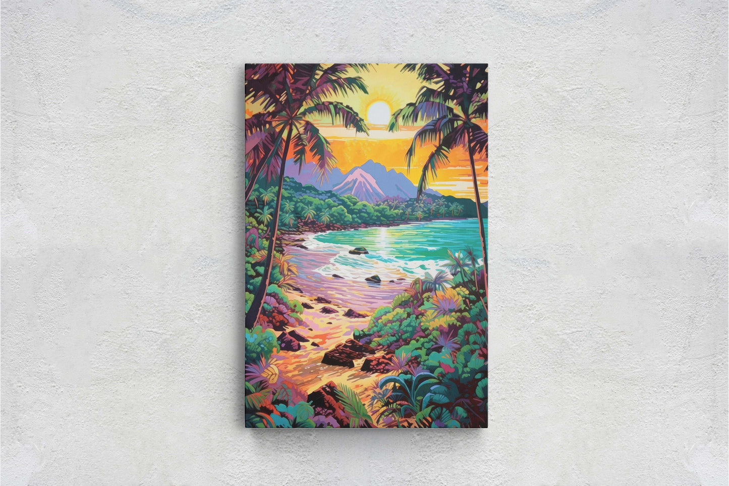 Vibrant Coast on Canvas, Ancient Beach, Framed Canvas, Prehistoric Landscape, Coastline Illustration, Bold Color, Vertical Botanical