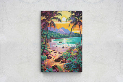 Vibrant Coast on Canvas, Ancient Beach, Framed Canvas, Prehistoric Landscape, Coastline Illustration, Bold Color, Vertical Botanical