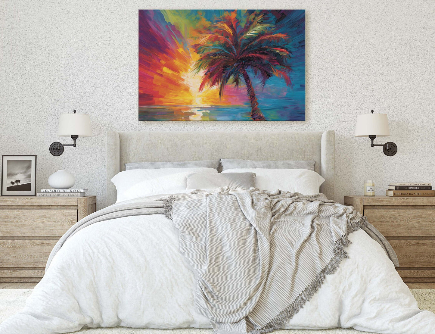 Modern Palm Tree on Canvas, Contemporary Art, Colorful Beach, Vivid Tree, Mid Century, Abstract Plant, Framed Canvas, Waterfront, Ocean