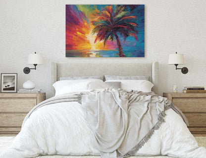 Modern Palm Tree on Canvas, Contemporary Art, Colorful Beach, Vivid Tree, Mid Century, Abstract Plant, Framed Canvas, Waterfront, Ocean