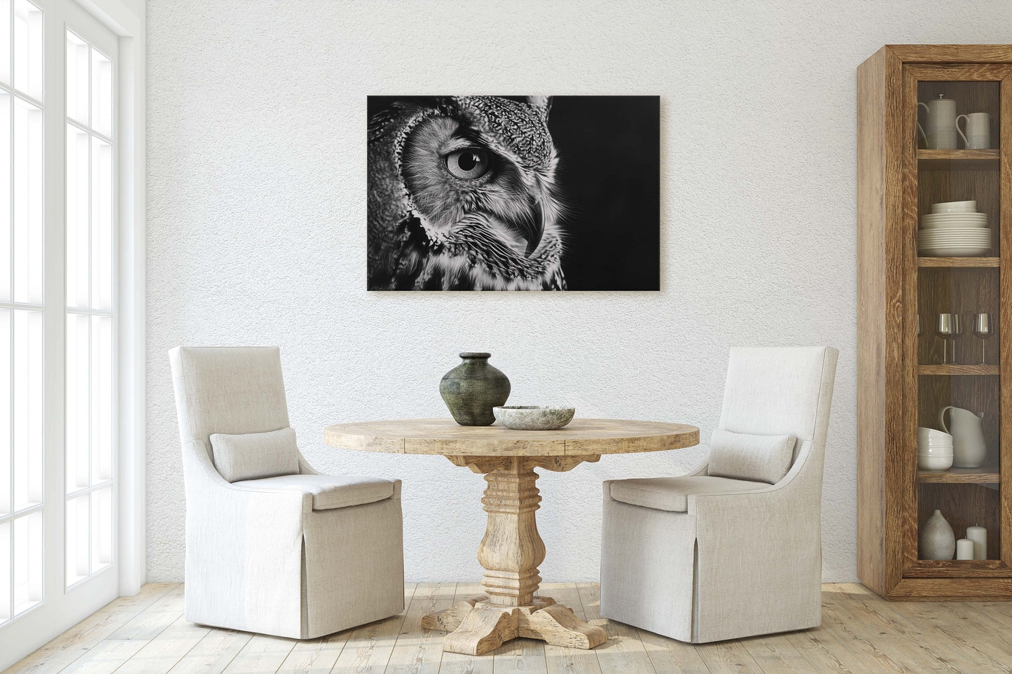 Black and White Owl, Owl Picture, Cabin Decor, Mountain Home Art, Framed Canvas, Owl Painting, Neutral Color, Bird Photo, Owl Photography