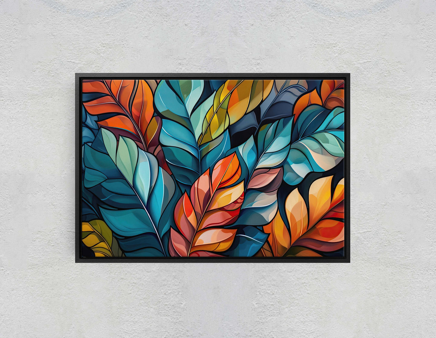 Modern Leaves, Contemporary Colorful, Fall Season, Abstract Symbolist, Framed Canvas, Large Art Print