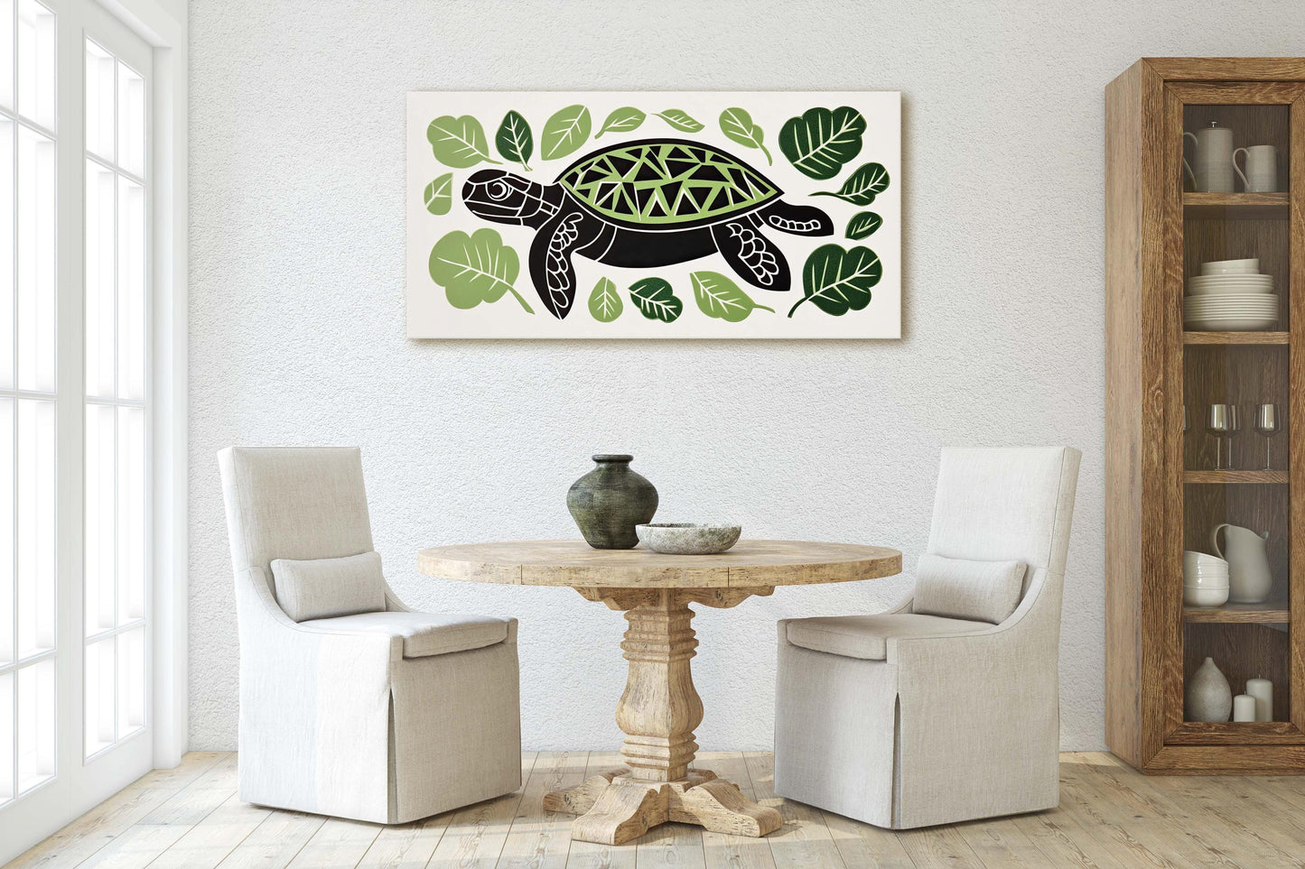 Turtle Folk Art, Scandinavian Art, Linocut Print, Framed Canvas, Large Canvas Print