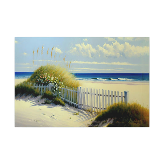 Beach White Picket Fence Canvas Art Ready To Hang Large Print, Oil Painting, Landscape