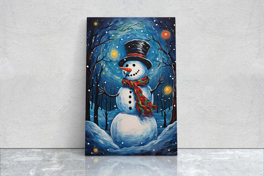 Starry Snowman, Colorful Snowman, Snowman Painting, Framed Canvas, Festive Decor, Christmas Print, Xmas Art, Winter Decor