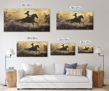 Woman Riding Horse, Cowgirl Painting, Black and Gold, Cowboy Art, Western Decor
