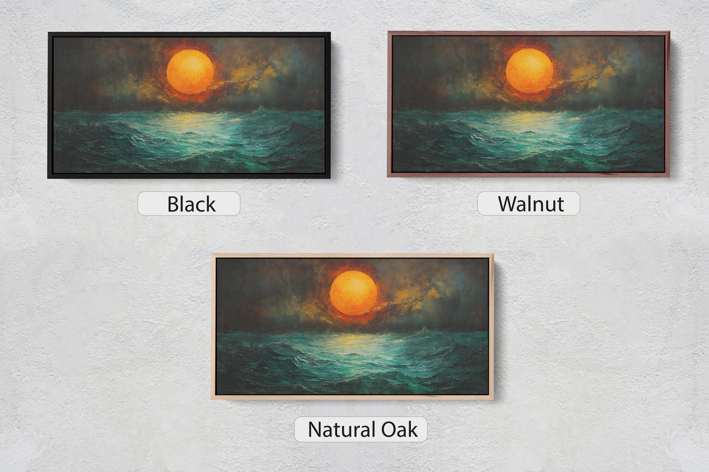 Dark Sunset, Orange Sun, Green Sea, Dark Colors, Moody Print