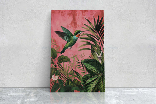 Hummingbird Print, Pink Tropical, Botanical Jungle, Maximalist Decor, Framed Canvas, Extra Large Print, Exotic Bird, Vintage Bold