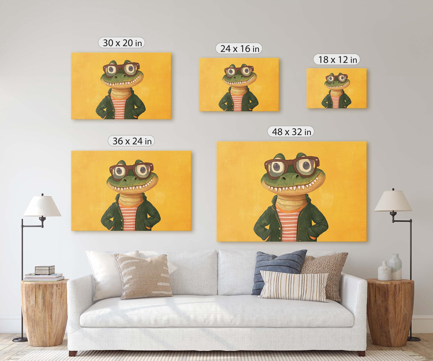 Hipster Crocodile, Pop Art, Street Art, Graffiti Painting, Animal Sunglasses, Yellow, Fun Quirky, Large Art Print, Kids Room, Boys Room