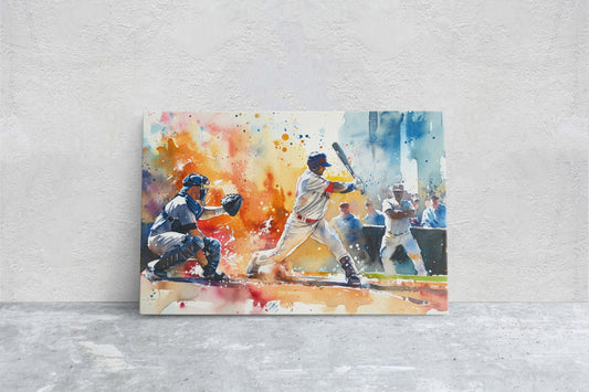 Baseball Watercolor, Baseball Painting, Home run Decor, Baseball bat, Framed Canvas, Sports Decor, Man Cave, Gift For Dad, Gift for Him