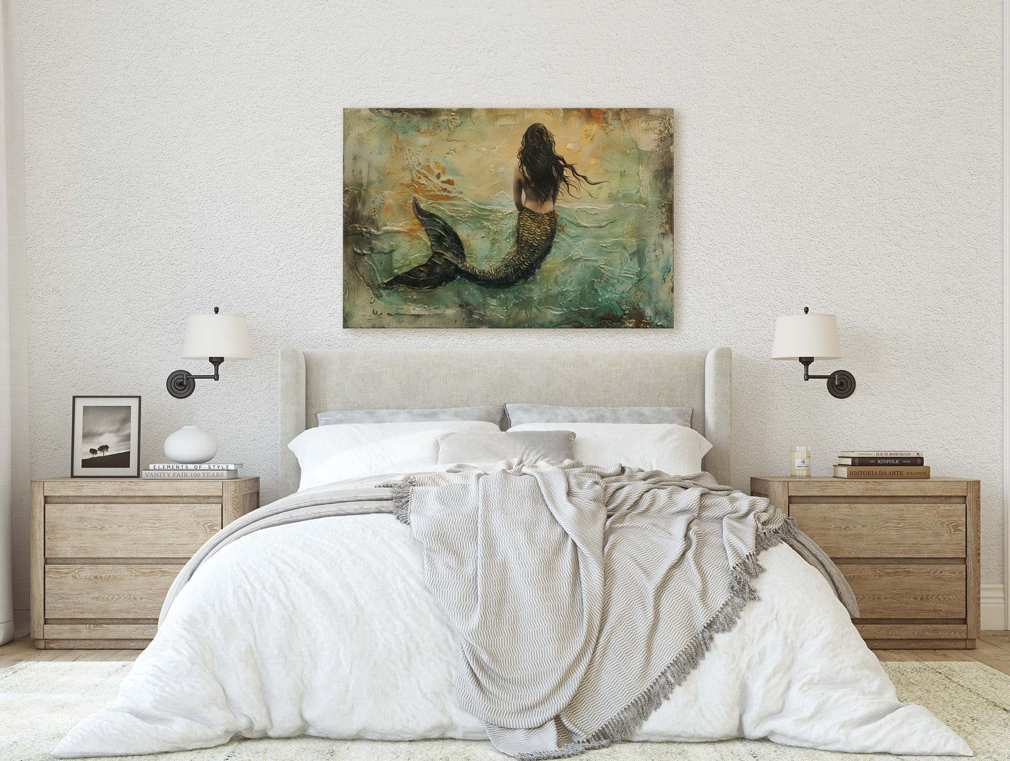 Mermaid in Solitude, Nautical Artwork, Ocean Decor, Mythical Creature, Fantasy Decor, Faux Metal, Framed Canvas, Extra Large Print