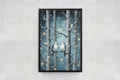 Snow Birds Painting, Winter Bird Tree, Festive Decor, Winter Season, Blue Birds, Tree Lights, Framed Canvas