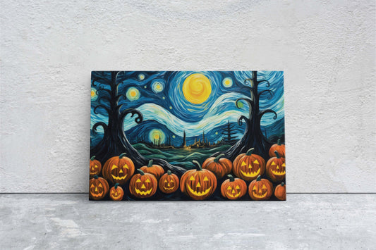 Pumpkin Patch On Canvas, Starry Night Pumpkins, Jack-O-Lantern, Van Gogh, Spooky Art, Fun Halloween, Kid Friendly, Framed Canvas