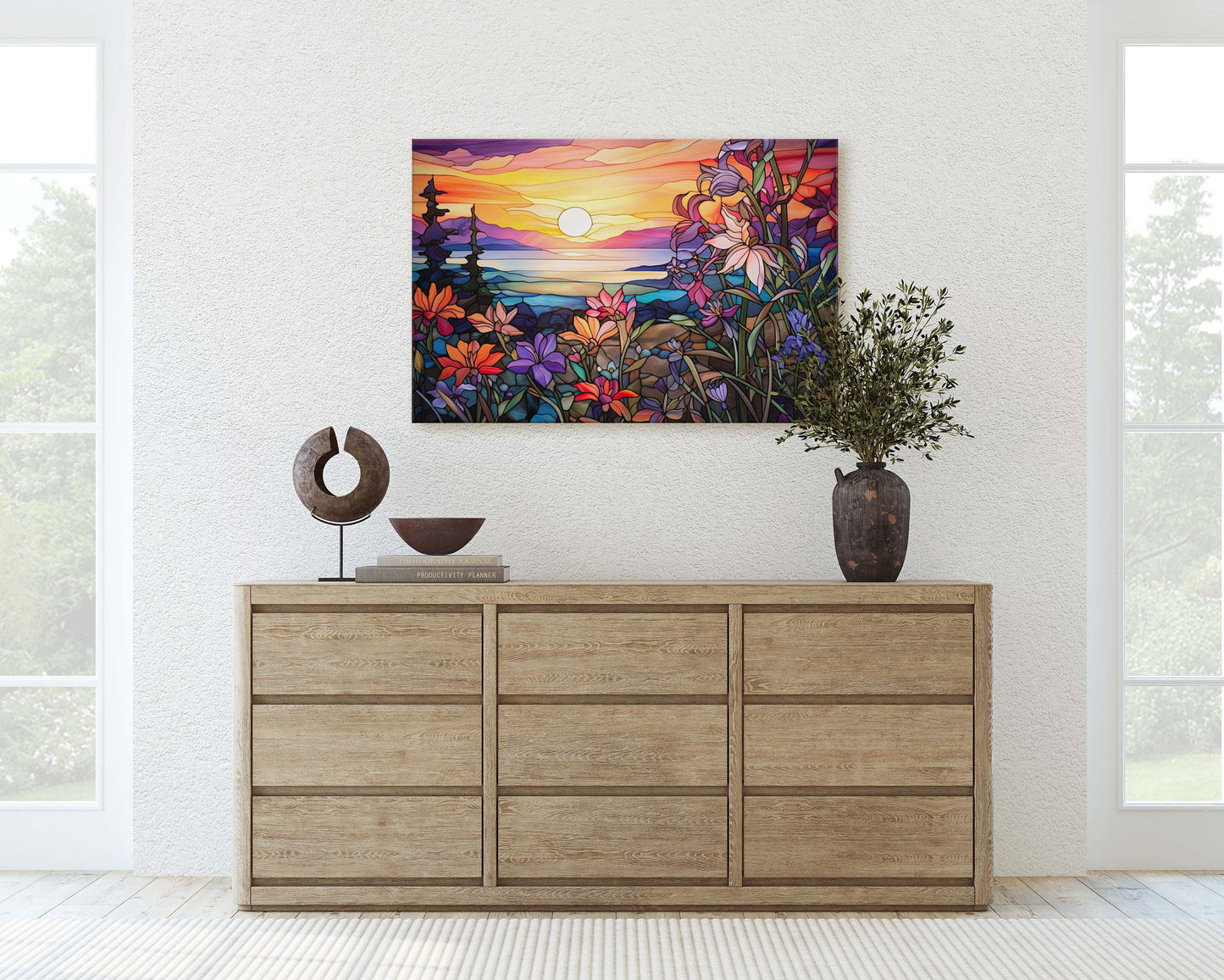 Stained Glass Painting, Faux Stained Glass, Sunset Flowers, Sunrise Field, Mountain Landscape, Framed Canvas, Vivid Colorful