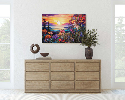 Stained Glass Painting, Faux Stained Glass, Sunset Flowers, Sunrise Field, Mountain Landscape, Framed Canvas, Vivid Colorful