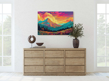 Vibrant Mountains, Colorful Illustration, Bold Colors, National Park, Framed Canvas, Cel Shading, Landscape Drawing, Toon Shading