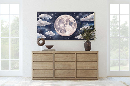 Cloudy Moon Sky, Moon Painting, Moon and Stars