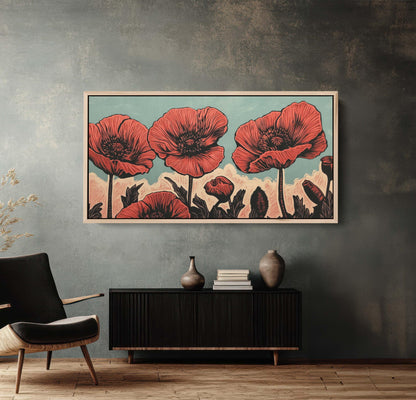 Red Poppies Art, Poppy Print, Linocut Print, Scandinavian Art