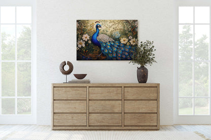 Peacock Painting, White Flowers, Oriental Decor, Traditional Decor, Framed Canvas, Bird Print