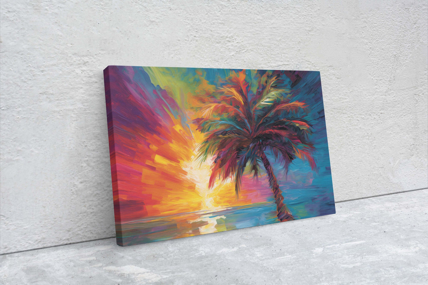 Modern Palm Tree on Canvas, Contemporary Art, Colorful Beach, Vivid Tree, Mid Century, Abstract Plant, Framed Canvas, Waterfront, Ocean