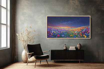 Night time Meadow, Canvas Print, Flower Print, Floral Decor, Star Sky, Starry, Wildflowers Decor