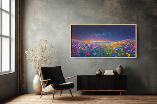 Night time Meadow, Canvas Print, Flower Print, Floral Decor, Star Sky, Starry, Wildflowers Decor