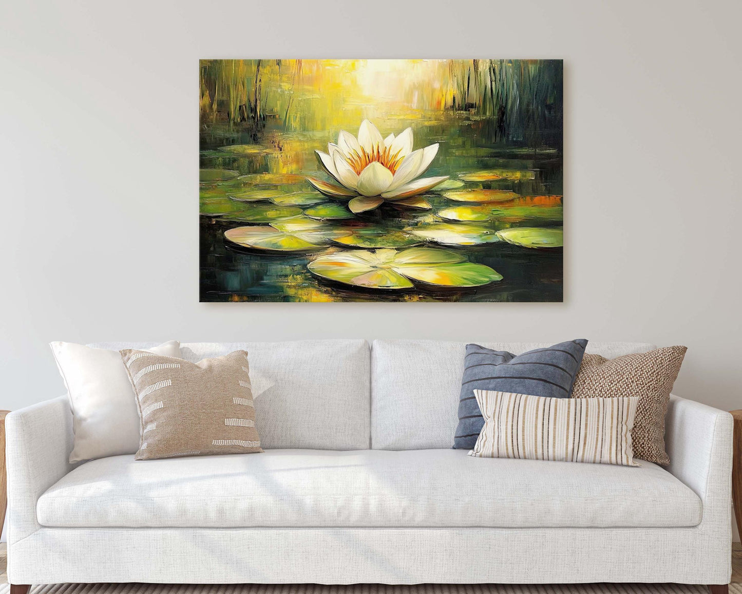 White Lotus Painting, Lily Pad Art, Green Lake, Nature Painting