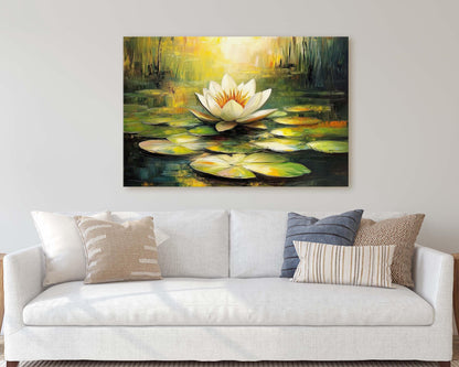 White Lotus Painting, Lily Pad Art, Green Lake, Nature Painting