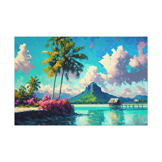 Bora Bora Canvas Art Ready To Hang Large Print, Colorful, Polynesia, Bright Beach. Mountain