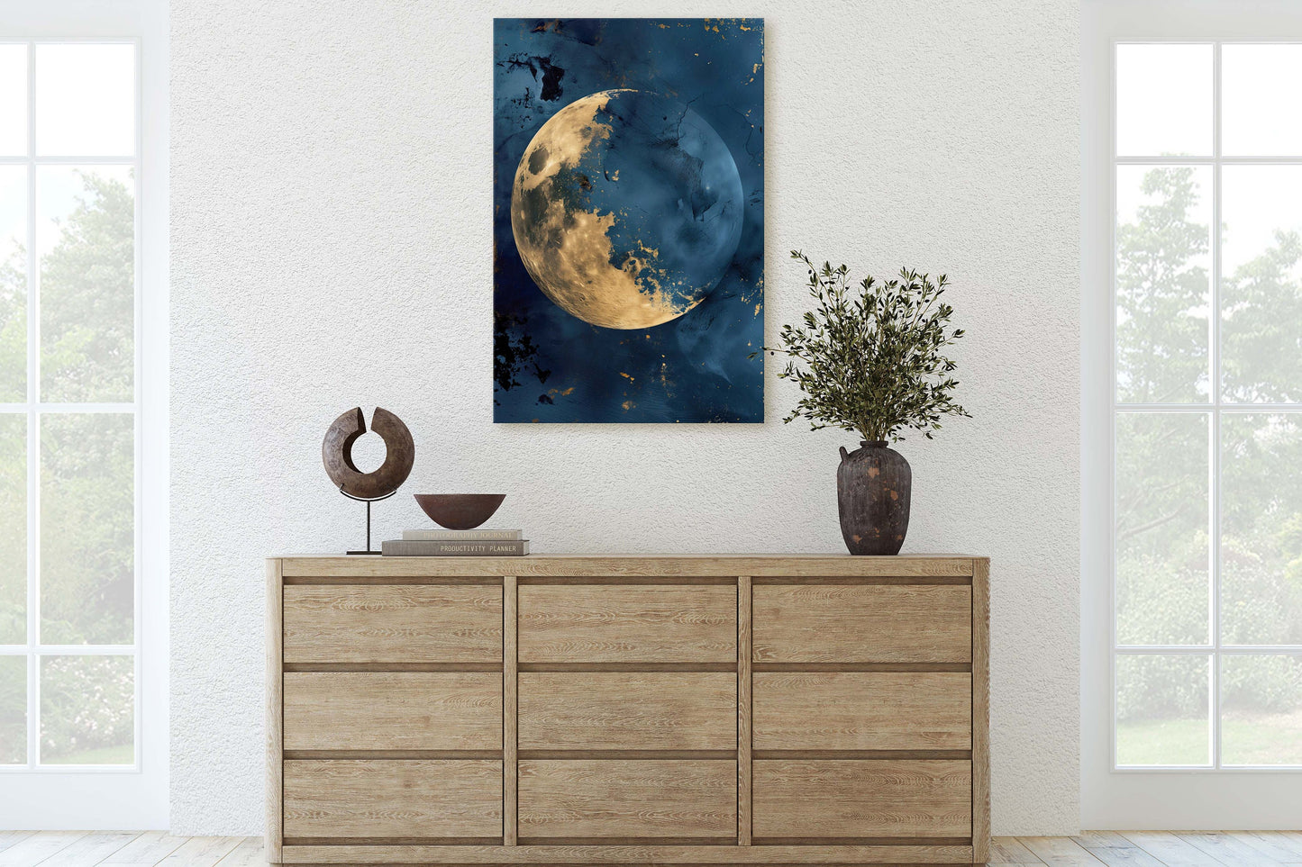 Gold Moon Indigo, Celestial Painting, Gold and Dark Blue, Minimalist Decor, Maximalist Art, Framed Canvas, Space Decor, Night Sky