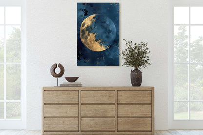 Gold Moon Indigo, Celestial Painting, Gold and Dark Blue, Minimalist Decor, Maximalist Art, Framed Canvas, Space Decor, Night Sky