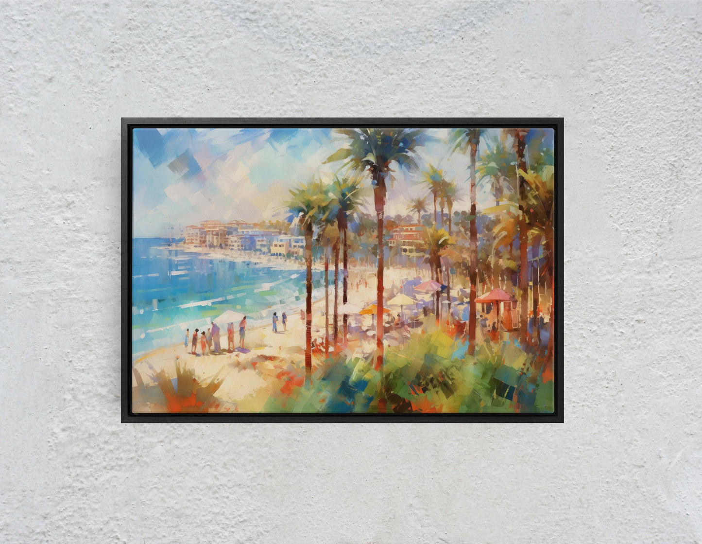 Watercolor Beach on Canvas, Beach Town, Ocean Resort, Tropical Vacation, Beach front, Water Sunset, Palm Trees, Blue Water