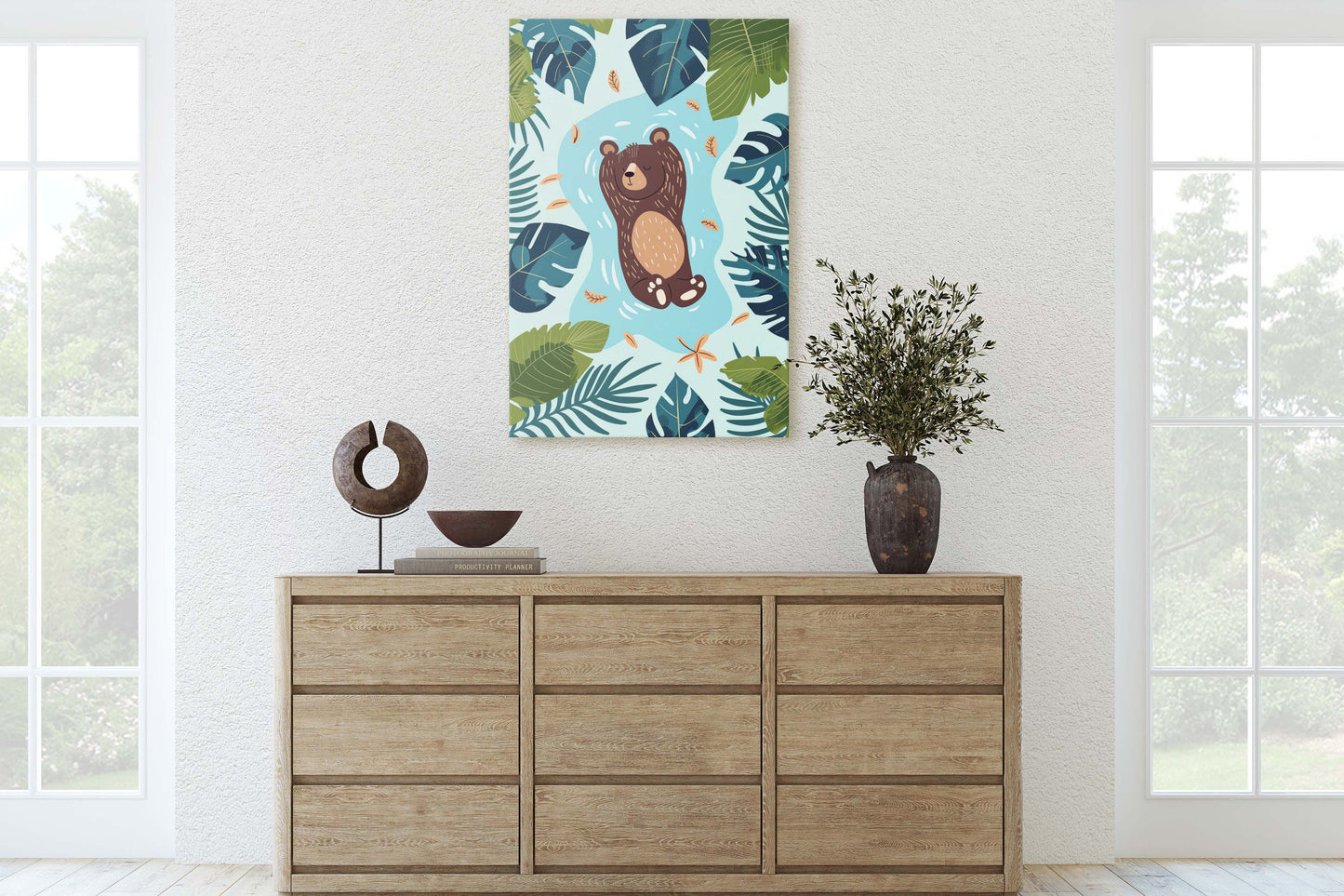 Baby Bear Relaxing, Bear Cub, Swimming Bear, Framed Canvas, Nursery Decor, Childrens Room, Kids Room, Illustration, Forest Art