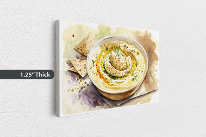 Hummus and Pita, chickpea, Ready To Hang, Large Print, Watercolor Painting, Dining Room, Kitchen Art, Restaurant Art, Mediterranean Food