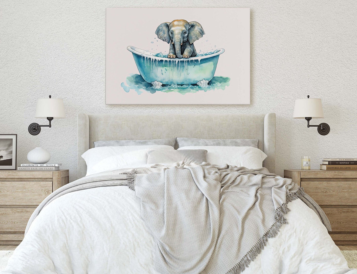 Elephant Bath, Elephant in Bathtub, Bathroom Decor, Kids Bath, Powder room, Fun Art, Cute Baby Elephant, Bath time Art, Silly Decor