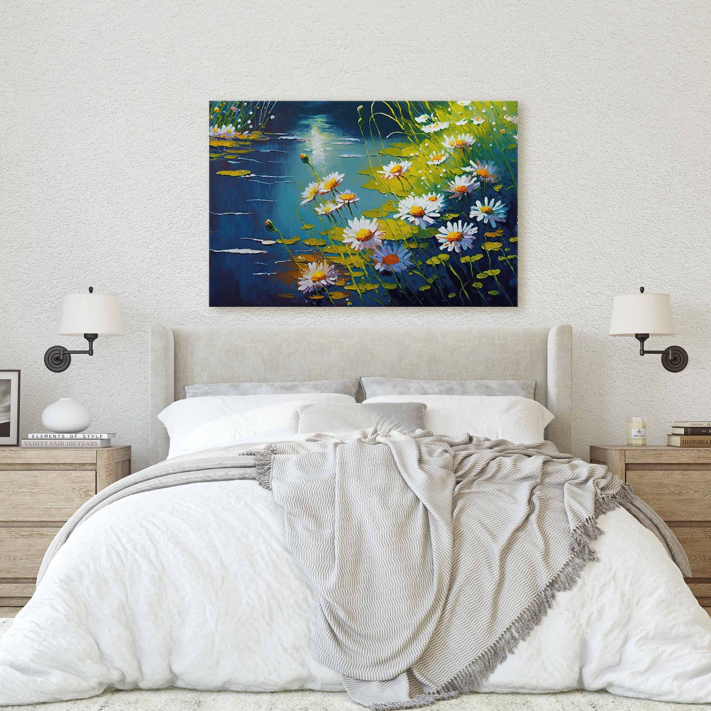 Camellia sinensis, Tea Plant, Stream, Flowers Canvas Art Ready To Hang Large Print, Oil Painting, Landscape