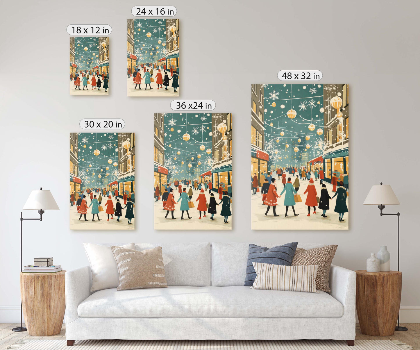 Vintage Christmas Canvas, Christmas Shopping, Christmas Village, Winter Scene