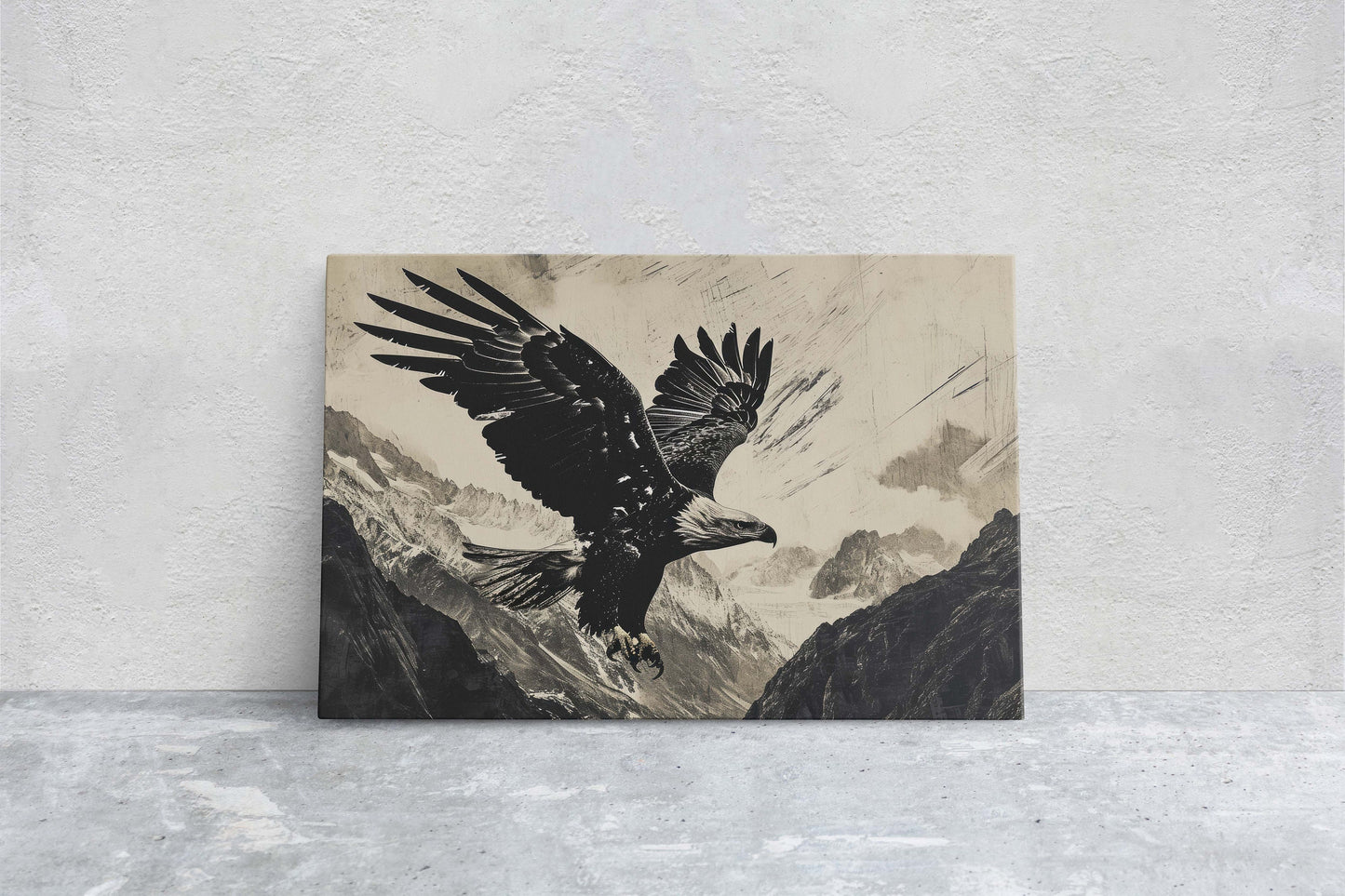 Black and White Eagle, Bald Eagle Painting, Cabin Decor, Mountain Home Art, Framed Canvas, Mountain Range, Nature Art